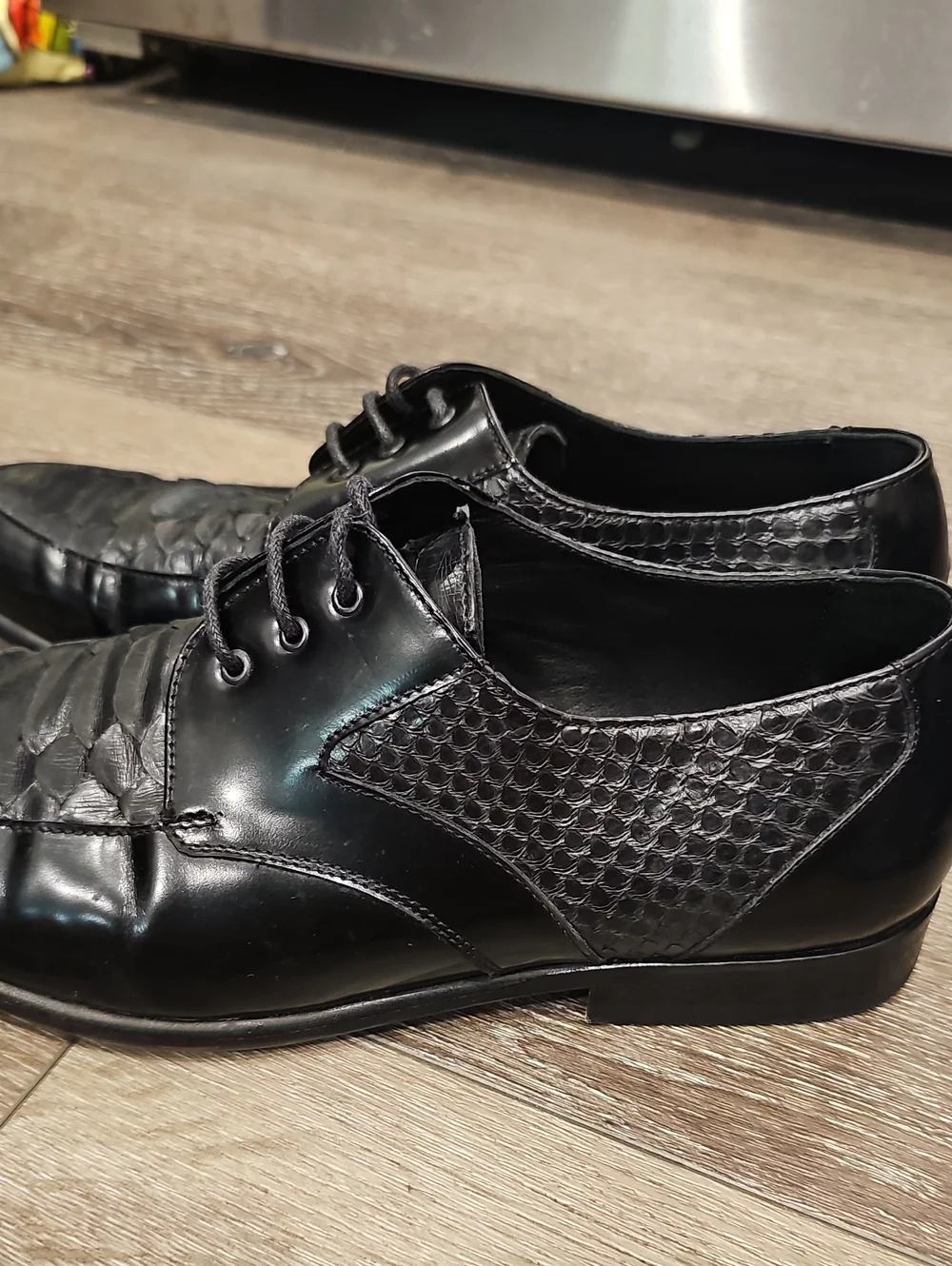 [New] Men's Black Leather Derby Lace Up Oxfords HANDMADE Croc & Snakeskin Sz 40